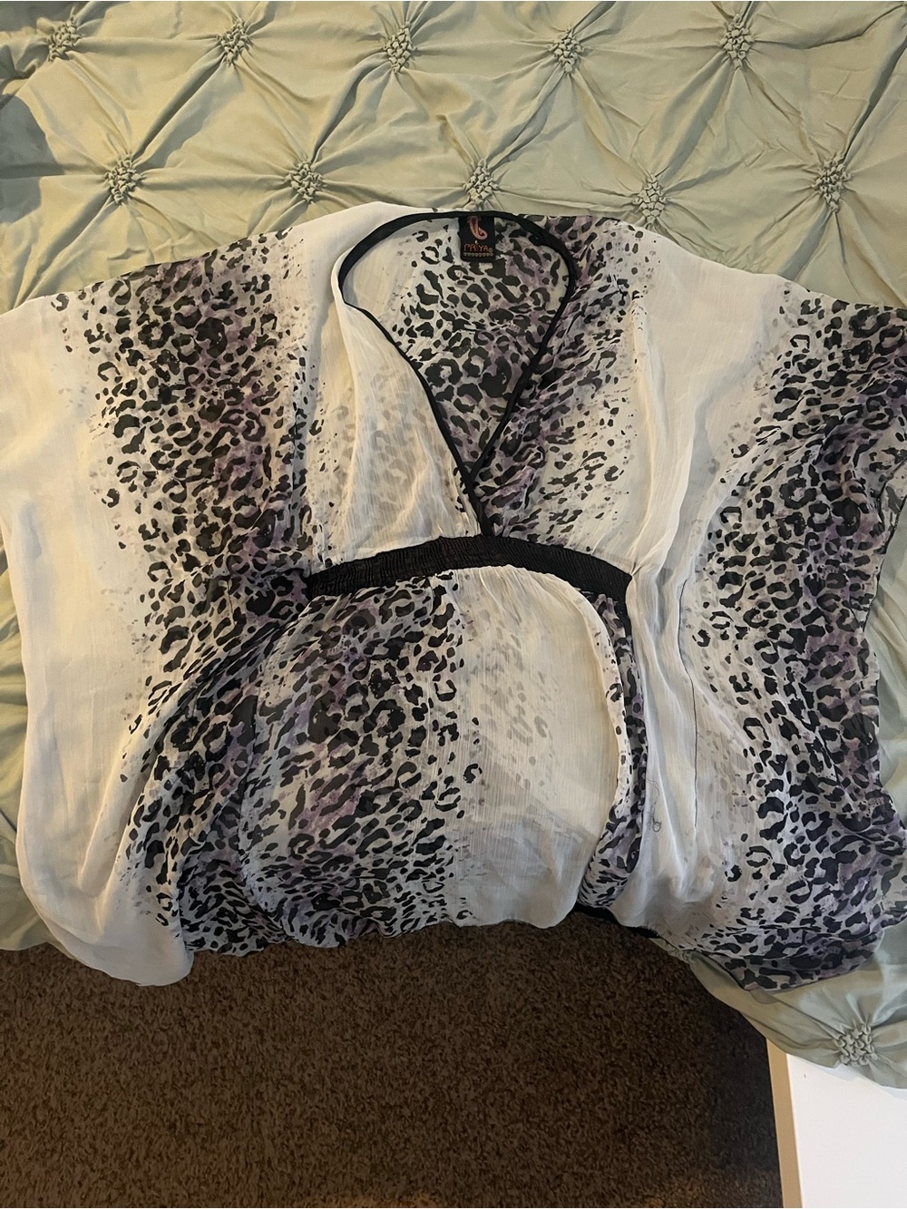 Women's White V-Neck Leopard Print Blouse with Lavender Accents